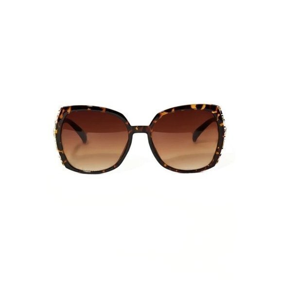 Cross My Way‎ Round Frame Rhinestone Temple Sunglasses Tortoise
